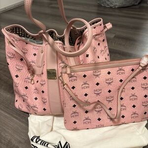 MCM Pink Logo Tote and Pouch Set